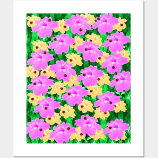 Pink and yellow flowers, ladybugs and leaves pattern Posters and Art